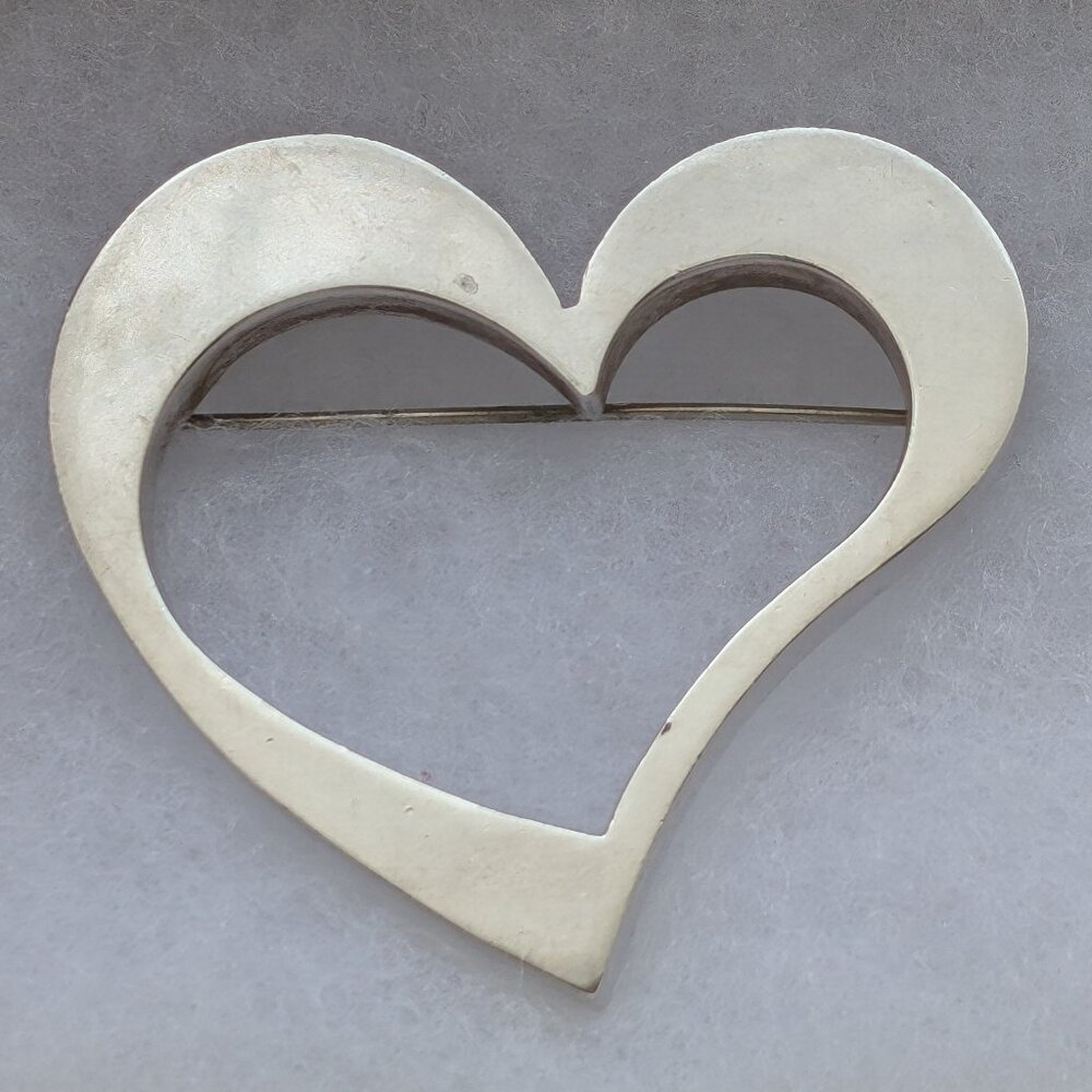 Vintage LARGE Taxco Mexico Solid Sterling Silver 925 Open Heart Brooch Pin